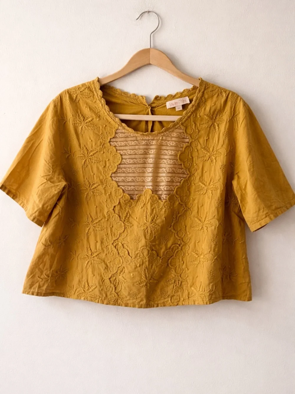 Louise Misha Embroidered Boho Cotton Blouse Mustard Lace Inset EU 40